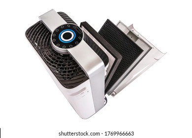 Air cleaner with touch panel. Portable air conditioner on a white background. Air purifier. Several filters as a symbol of several levels of cleaning. Concept - repair of office equipment