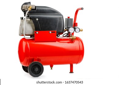 Air compressor. An external compressor. industrial compressor in red on a white background.
