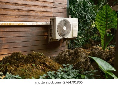 Air compressor machine on wall old building at garden.