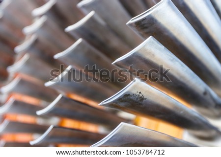 Air compressor turbine blades of an airplane turbojet jet engine. (SHALLOW Depth of Field) II