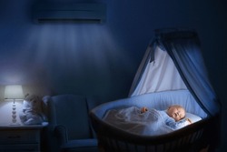 Air Conditioner In Baby Bedroom. Kids Room Climate Control. Infant Child In Crib Under Cool Air Breeze. Comfortable Temperature, Healthy Sleep On Summer Night. Air Conditioning Device In Family Home.
