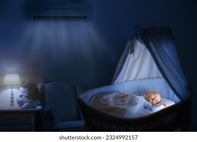 Air conditioner in baby bedroom. Kids room climate control. Infant child in crib under cool air breeze. Comfortable temperature, healthy sleep on summer night. Air conditioning device in family home. - Powered by Shutterstock