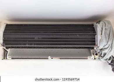 Air Conditioner Or Air Conditioning Unit Takes Of The Mask. It Is Preparing For Big Cleaning It Or Repair It. It Looks So Dirty. The Evaporators Coil Or Chilled Water Coil And The Fan Has Lot Of Dust