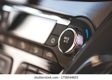 Air Conditioner Control Panel, Car Cooling System. Close Up Photo Of Front Panel With AC Knob