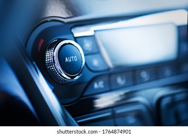 Air Conditioner Control Panel, Car Cooling System. Close Up Photo Of Front Panel With AC Knob