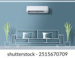 Air conditioner hanging on the wall of a bright room with graphic furniture and indoor plants