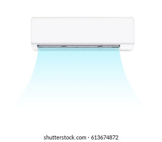 Air conditioner and wind or air flow to show cool and fresh. AC indoor unit or evaporator and wall-mounted. That is part of mini split system or ductless system type. Isolated on white background.
