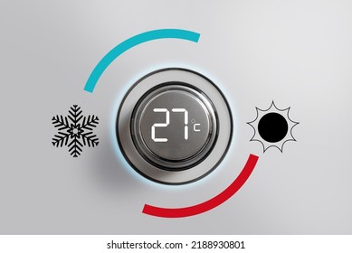 Air Conditioning Button At 27 Degrees Of Temperature. Saving Energy. Restriction And Limitation Of Electricity Use Caused By Gas Shortage. Energy Dependence