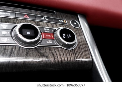 Air Conditioning Button Inside A Car. Climate Control AC Unit. Modern Car Interior Details. Car Inside. Car Interior