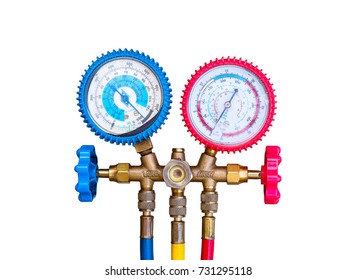 Air Conditioning Refrigerant, Pressure Gauges set isolate on white background. R134a R12 R22 AC Refrigeration charging A/C manifold dual gauge tester. Tools for Air Refill Kits. - Selective focus.