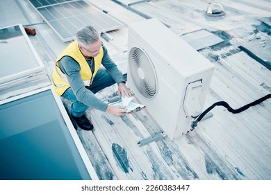 Air conditioning, roof and engineering man for maintenance, inspection and solar panel in sustainability. Technician planning energy saving power, aircon installation and generator electrician check