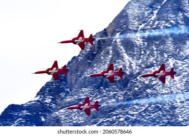 Air display team Patrouille Suisse at fighter shooting range of Swiss Air Force at Axalp. Photo taken October 19th, 2021, Axalp, Switzerland.