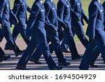 Air Force basic training graduation parade, new airmen marching.