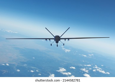 Air Force Unmanned Aerial Vehicle With Military Equipment Flying Near Base, Straight Front View