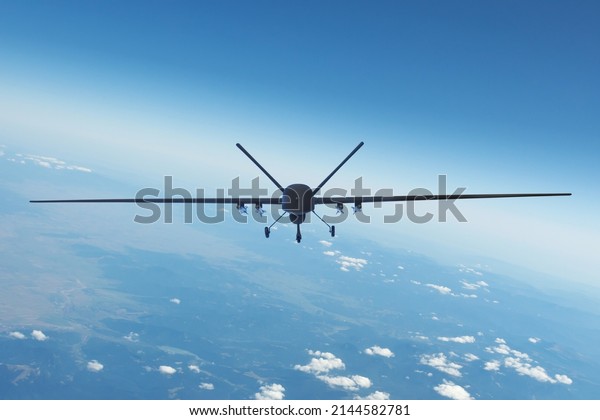 Air Force unmanned aerial\
vehicle with military equipment flying near base, straight front\
view