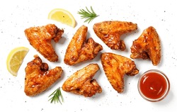 Air Fryer Chicken Wings Glazed With Hot Chilli Sauce And Served With Different Sauces.  Isolated On White  Background . Top View