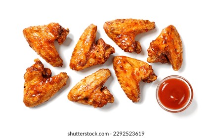 Air fryer chicken wings glazed with hot chilli sauce and served with ketchup. isolated on white background . top view - Shutterstock ID 2292523619