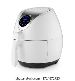 Air Fryer Isolated. White Electric Deep Fryer Side & Front View. Modern Domestic Household & Electric Small Kitchen Appliances. 1500 Watts Convection Oven & 2.5 Liter Capacity Oilless Cooker