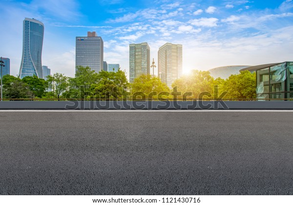 Air highway asphalt road and office building of\
commercial build