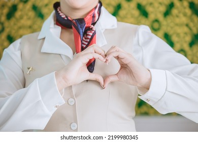 Air Hostess Ground Airline Staff Customer Service With Care Mind Heart Sign Gesture Concept