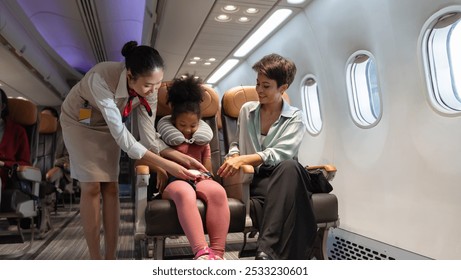 Air hostess helping kid to fasten  seat belt. Happy family with little girl sitting at airplane cabin. Airline transportation and travel concept. - Powered by Shutterstock