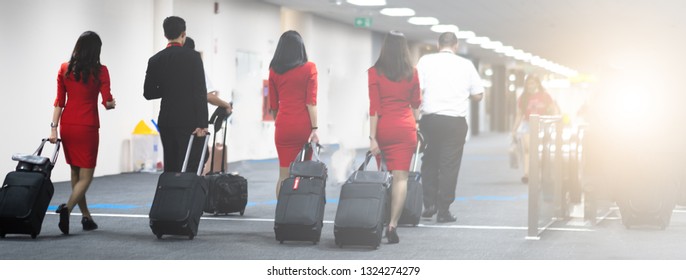 Air Hostess In International Airport, Walking With Her Luggage, Back View. Flight Attendants Going To Meet Her Crew 