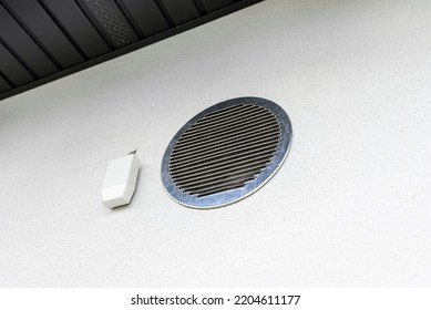 Air Intake And Exhaust In The Wall Of A Single Family House For Mechanical Ventilation With Heat Recovery, Secured With A Metal Grill With Mesh.