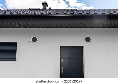 Air Intake And Exhaust In The Wall Of A Single Family House For Mechanical Ventilation With Heat Recovery, Secured With A Metal Grill With Mesh.