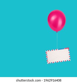 Air Mail Letter Envelope Flying By Balloon Message Delivery Concept Isolated On Vivid Blue Square Background