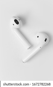Air Pods. New Airpods 2019 on white background. Airpods. macro