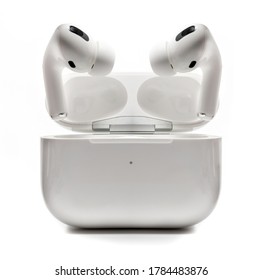 Air Pods Pro With Charging Case. Wireless Headphone Isolated On White Background