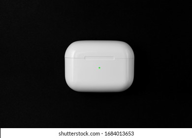 Air Pods Pro. With Wireless Charging Case. New Airpods Pro On Black Background. Airpods Pro. Copy Space