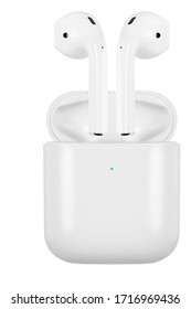 Air Pods. with Wireless Charging Case. New Airpods 2019 on white background. Airpods. EarPods.white wireless headphones on a white background