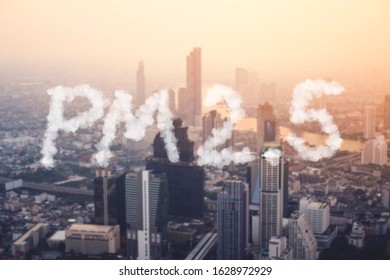 Air Pollution Concept, PM2.5 Unhealthy Air Pollution Dust Smoke Icon Against Bangkok City Low Visibility View In Dust
