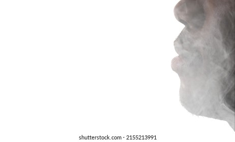 Air Pollution. Ecology Problem. Double Exposure Cropped Profile Silhouette Of Unrecognizable Man Face Inhaling Toxic Smoke Isolated On White Copy Space Background.