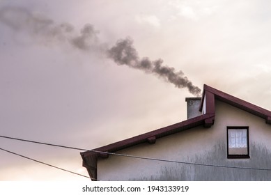 Air Pollution House Chimney Smoke Global Warming Concept On Sunset Sky