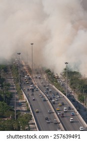 Air pollution scenic smoke on highway.