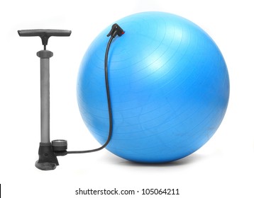 Air pump and blue ball on a white background.