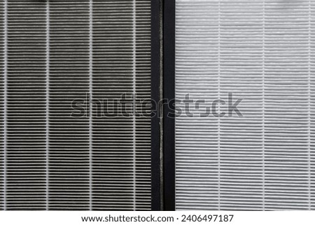 Air purifier filter (Hepa filter), Close up on air purifier filter compare between white new clean and gray dirty dust. filter for gas cleaning absorbs various gaseous pollutants such as formaldehyde.
