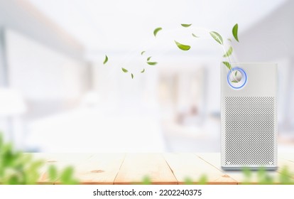 Air Purifier A Living Room, Air Cleaner Removing Fine Dust In House. Protect PM 2.5 Dust And Air Pollution Concept