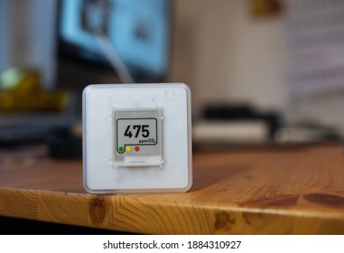 Air quality sensor. Healthy work environment. Work from home air quality monitor. Control proper ventilation in your environment. CO₂ levels airflow in the room. Carbon dioxide levels and airflow