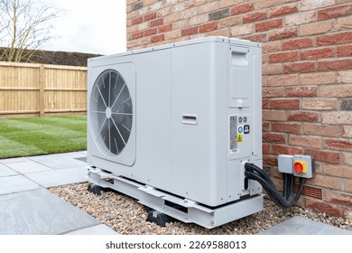 Air Source heat pump fitted outside a new home development - Shutterstock ID 2269588013
