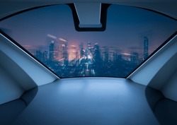 Air Taxi Window View Of City At Night. Air Vehicle. Personal Air Transport. Autonomous Aerial Taxi. Flying Car. Urban Aviation. Futuristic Technology. Passenger Drone. Electric VTOL Passenger Aircraft