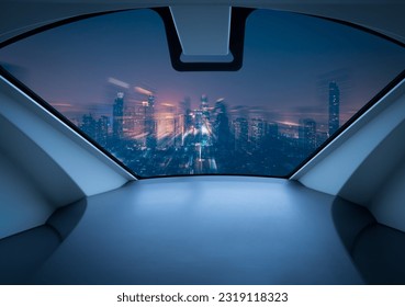 Air taxi window view of city at night. Air vehicle. Personal air transport. Autonomous aerial taxi. Flying car. Urban aviation. Futuristic technology. Passenger drone. Electric VTOL passenger aircraft
