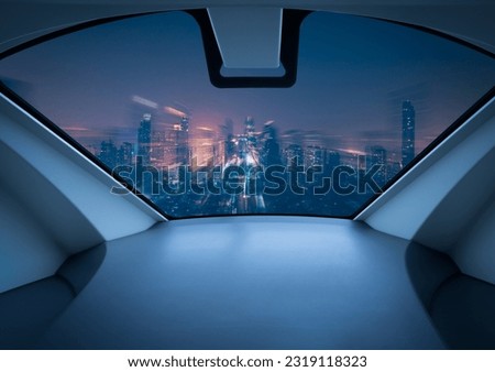 Air taxi window view of city at night. Air vehicle. Personal air transport. Autonomous aerial taxi. Flying car. Urban aviation. Futuristic technology. Passenger drone. Electric VTOL passenger aircraft