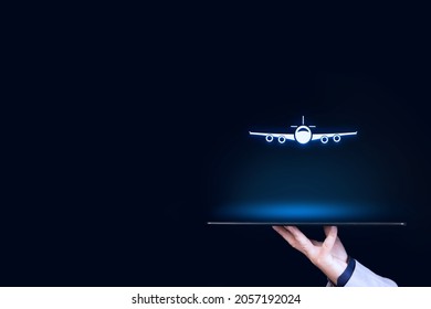 Air Ticket Booking On App Or Online Travel Insurance Concepts. Person With Digital Tablet And Symbol Of A Plane. Copy Space. . High Quality Photo