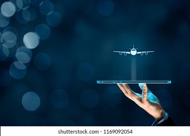 Air Ticket Booking On Digital Tablet App Or Online Travel Insurance Concepts. Person With Digital Tablet And Symbol Of A Plane.