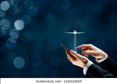 Air ticket booking on smartphone app or online travel insurance concepts. Person with smart phone and symbol of a plane.