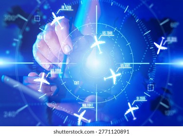Air traffic control. Controller monitors aircraft positions on a digital radar interface and manages flight movement in controlled airspace.