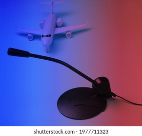 Air Traffic Controller, Flight Dispatcher. Plane Figurine, Microphone In Neon Light